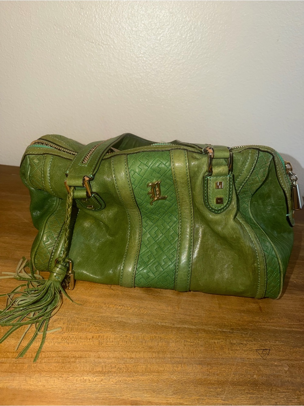 L.A.M.B. Olive Green Leather Top-Handle Tote with Tassel